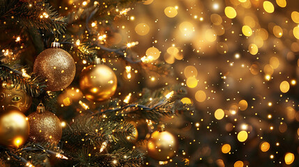 A festive Christmas background with shiny gold ornaments and sparkling lights