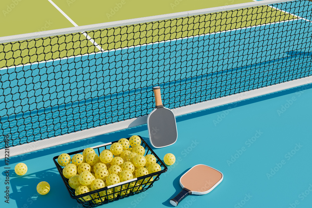 Wall mural pickleball ball racket paddle basket on a sports court. 3d rendering