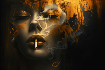 Close up photo of a woman's face  with  strokes of gold paint over it, woman is smoking with closed eyes