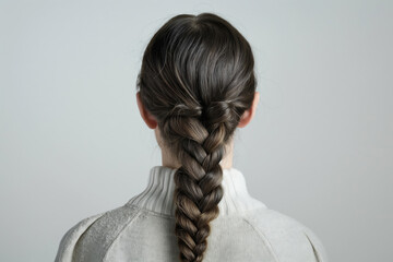 Close-up photo showcasing a detailed French braid on a woman with a neutral background. Back view.