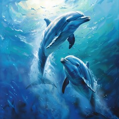 A pair of dolphins swimming in perfect synchrony, their eyes reflecting the depths of the ocean. 
