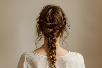 Close-up of a beautifully styled and intricate elegant French braid hairstyle on a woman with long brunette hair. Showcasing the intricate details and feminine beauty - obrazy, fototapety, plakaty