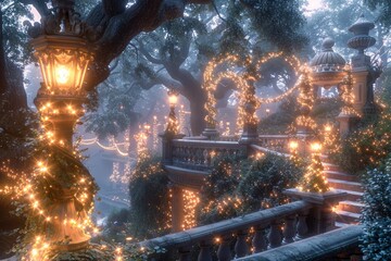 Enchanted Fairytale Garden with Glowing Lanterns and Magical Staircase in Mystical Forest