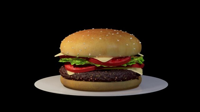 3D render. A burger on a plate rotates 360 degrees on a black background.