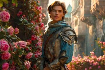 Young Medieval Knight in Armor Standing in a Blossoming Garden with Historical Architecture in the Background