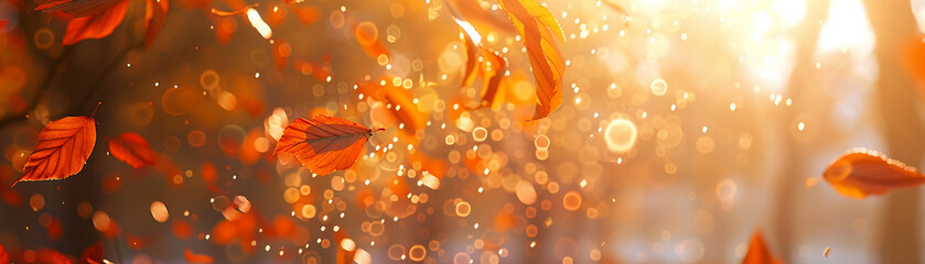 Autumn whispers in the air, orange leaves, golden sunlight bokeh, with a parks blur setting the scene - obrazy, fototapety, plakaty