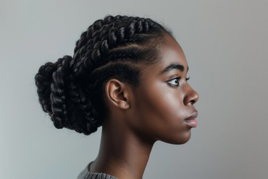 Stylish and elegant braided crown hairstyle for the modern African American woman with intricate details and a chic and trendy profile view