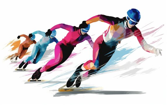 Wide angle view of speed skaters running towards the finish line. high energy. illustration. White background 