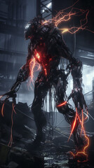 Fototapeta premium Scary horror background with scary black monster with red neon lines, mysticism. Dark wallpaper.