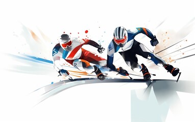 Wide angle view of speed skaters running towards the finish line. high energy. illustration. White background 
