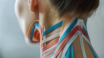 Detailed Step-by-Step Illustration of Correct Kinesiology (KT) Tape Application on Human Neck - obrazy, fototapety, plakaty