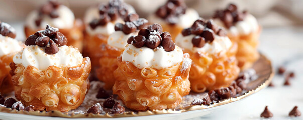 Whipped cream-topped pastries with chocolate chips on a plate. Delicate bubble texture with soft...