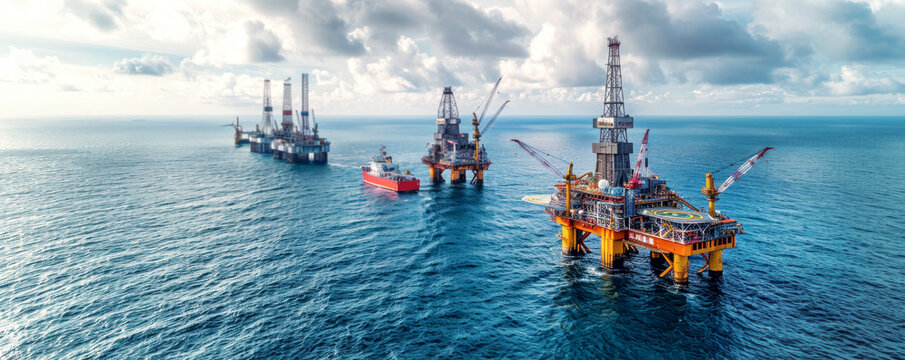 Offshore oil rigs in the ocean under cloudy skies. Supply vessels nearby, symbolizing energy exploration and marine industry