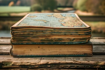 Obraz premium Vintage World Atlas Book on Wooden Table with Countryside Background Retro Cartography Education Concept