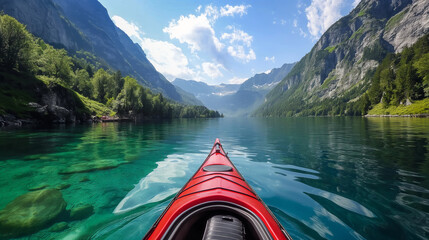 Tranquil Waters Kayak Perspective in Serene Fjord - obrazy, fototapety, plakaty