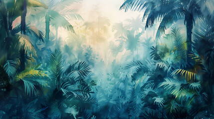 painted tropical background with palm trees - obrazy, fototapety, plakaty