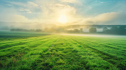 Beautiful summer landscape, freshly cut lawn in early morning light fog, panoramic spring background, serene and lush - obrazy, fototapety, plakaty
