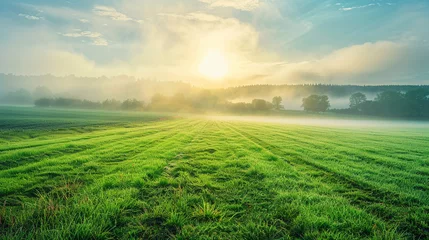Tableaux ronds sur aluminium Matin avec brouillard Beautiful summer landscape, freshly cut lawn in early morning light fog, panoramic spring background, serene and lush