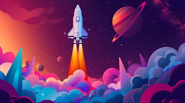 Exploring space with rockets and studying celestial bodies.
Simplified graphics of space objects.
Launch background with a shuttle.
Astronomy banner with vibrant colors.