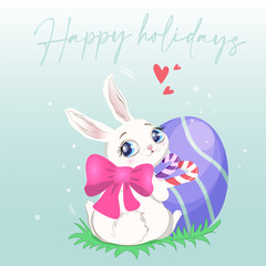 Easter. Cute bunny with a pink bow and blue eyes. Holidays. Family traditions. Religion, culture. Spring Festival