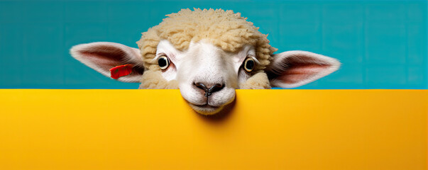 Funny sheep head on yellow light blue wall.