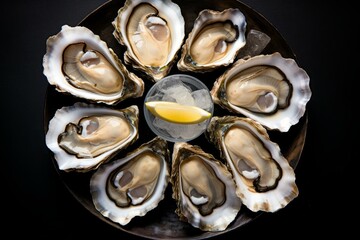 Succulent Raw oysters top view. Opened and whole world seafood delicacy food. Generate ai