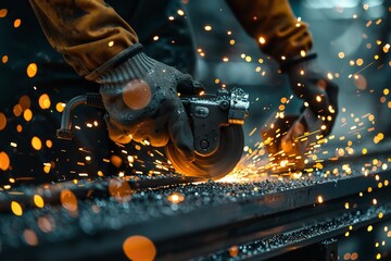 A producing worker is sharpening a metal plate while sparks fly while putting on safety gloves in in-depth and space, Generative AI.
