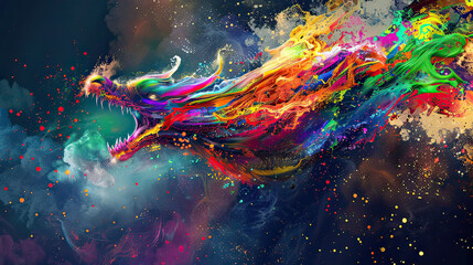 Splashes of vibrant paint forming a mythical creature, top text space for tales