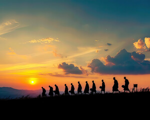 Silhouette of monks on pilgrimage at dawn, Southeast Asia's spiritual essence, space for text