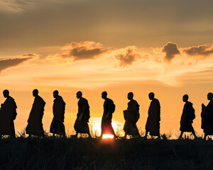 Fototapeta premium Silhouette of monks on pilgrimage at dawn, Southeast Asia's spiritual essence, space for text