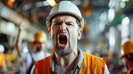 Angry worker shouting in industrial setting - Furious male worker in safety helmet screaming in a noisy industrial environment, showing stress or protest - obrazy, fototapety, plakaty