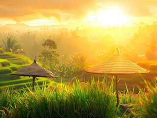 Sunrise over rice terraces, traditional hats, serene Southeast Asian culture space for text - obrazy, fototapety, plakaty