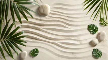Fotobehang Sand Zen Pattern with Stones and Palm Leaves for Meditation and Relaxation © Jardel Bassi