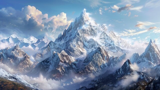 Majestic snowy mountain peak under blue sky - A serene and powerful image of a majestic mountain peak covered in snow, illuminated by sunlight creating a dramatic and inspiring scene