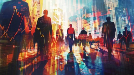Busy urban life abstract with silhouettes - Diverse crowd silhouettes moving along the vivid, busy backdrop of a stylized city life with financial charts