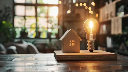 Fotobehang Light bulb and house model eco concept - A light bulb lit beside a wooden house model creates an ally on eco-friendly energy and sustainability © Mickey