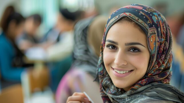 Pretty middle eastern college student smiling to the camera. Beautiful female middle eastern college student learning in the classroom
