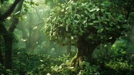 Enormous money tree in fantasy forest - An imaginative portrayal of a giant money tree nestled in a fantasy forest with dollar bills fluttering around, epitomizing wealth in abundance - obrazy, fototapety, plakaty