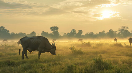 Water buffalo in misty fields, lifeblood of Southeast Asian agriculture, dawn sky for text