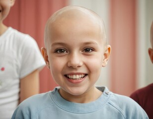 Happy preteen girl with bald head head is smiling. - 772221841