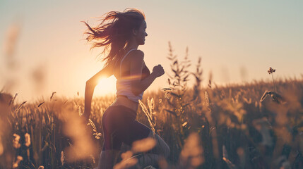 Female runner in a field at sunset with hair flowing in the wind.