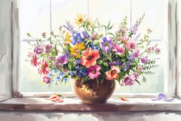Fototapeta na wymiar Vivid bouquet on sunlit windowsill, rustic vase
