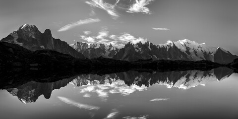 Black and white reflection of Mont Blanc mountain range on the Cheserys lakes