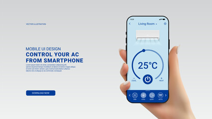 Template of mobile app for air conditioner. Concept of control of air conditioner using mobile app. Design of mobile UI application. Hand with phone with app for remote control of AC. Vector.