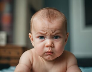 A baby with an angry face and a frowning expression. - 772222826