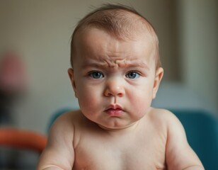A baby with an angry face and a frowning expression.