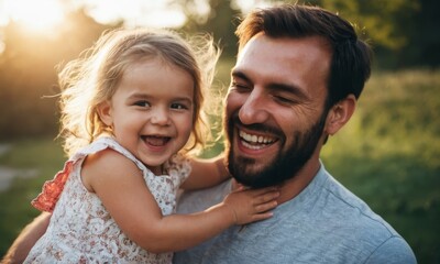 A man and a little girl are smiling and laughing together. The man is holding the girl, and they are both happy