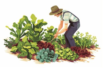 An illustration of a farmer harvesting fresh produce from a sustainable, organic garden set against a clear white background.