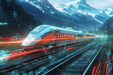 A high-speed train blurs through a scenic landscape, conveying a sense of futuristic travel and technology with majestic mountains in the background