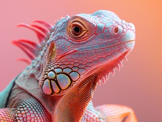 exotic iguana on a pastel gradient background, Close-up portrait of a pink blue colored iguana
